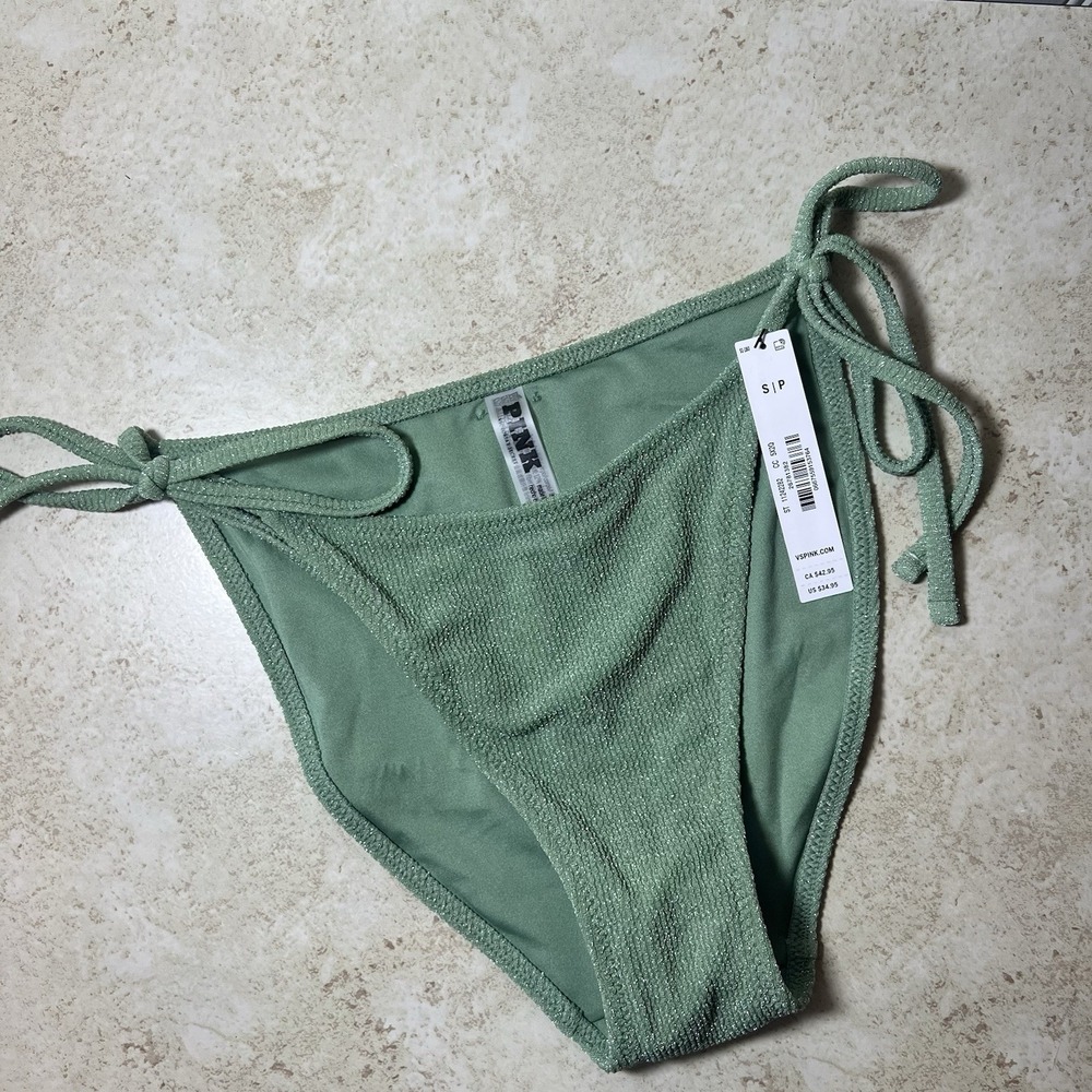 NEW Victorias Secret PINK Side String Tie Bikini Bottom Size Small Green Sparkle